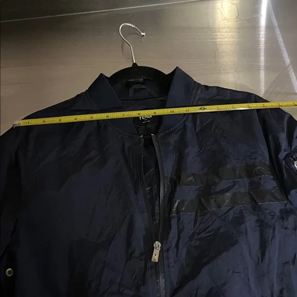 Fendi Men’s Navy Blue Bomber Jacket with Gloss Stripe Accents